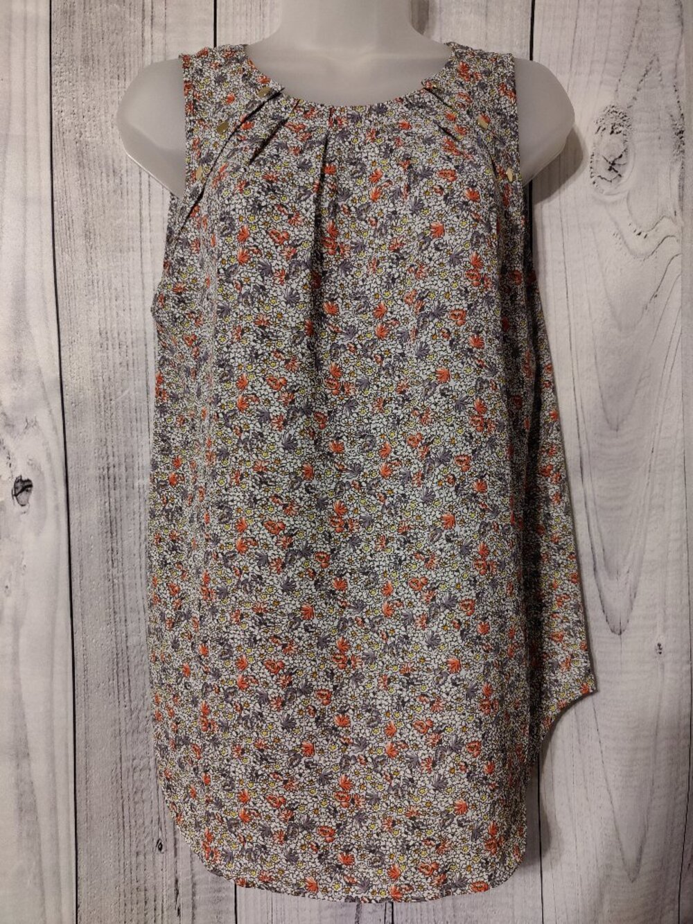 LOFT Ditsy Floral Daisy Print Gold Button Sleeveless Blouse